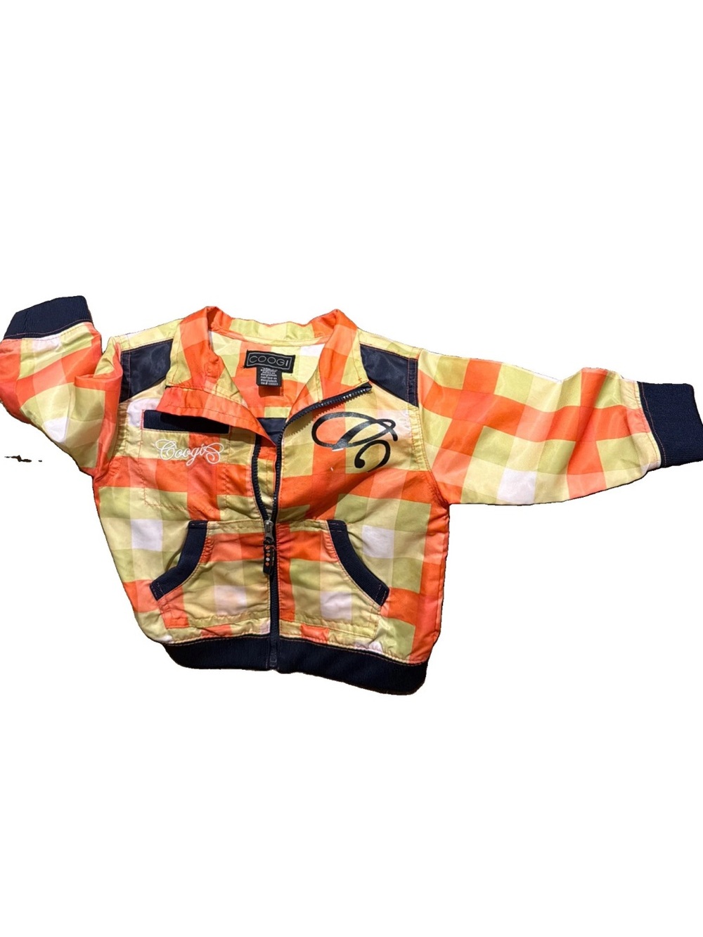 Vtg Coogi 18 Month Baby Toddler Zip Track Jacket Orange Yellow Plaid Windbreaker
